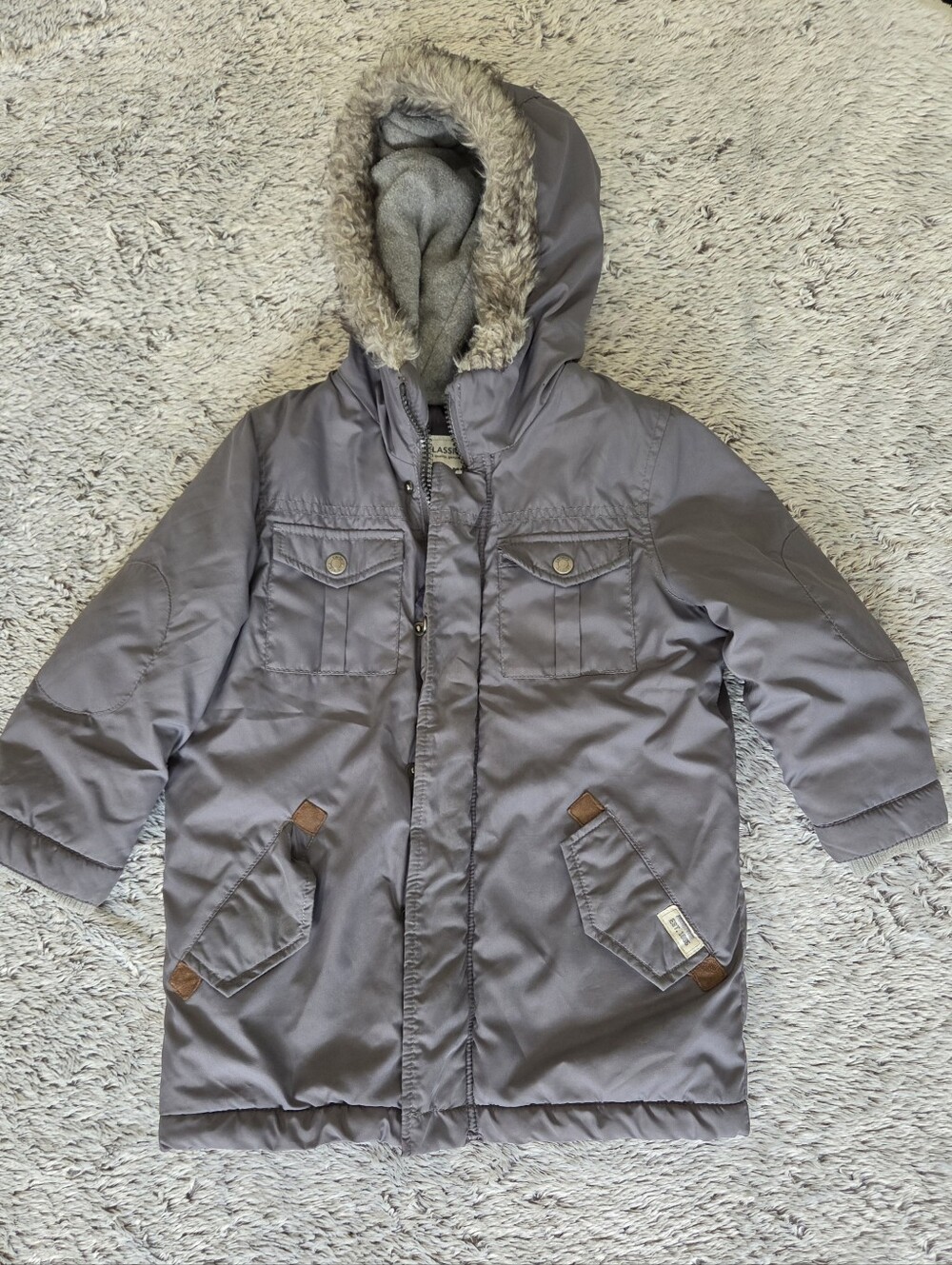 Boys Carters Hooded Winter Coat in Gray with Faux-Fur Trim Sz 4